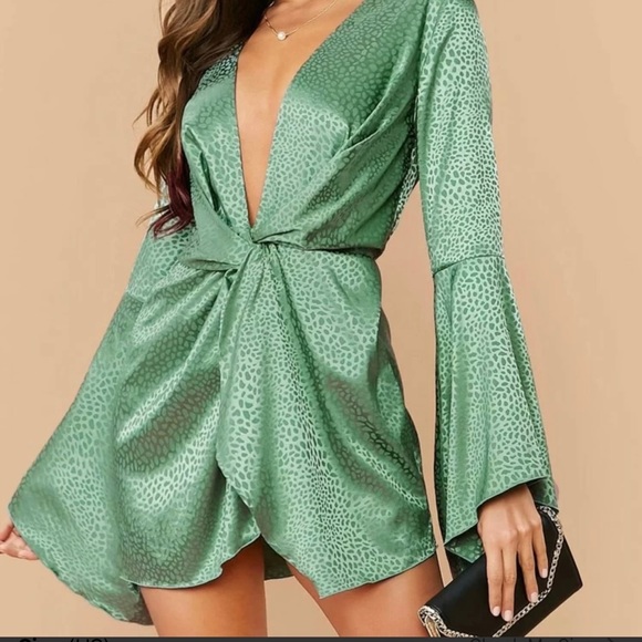 SHEIN Bell Sleeve Twisted Satin Dress - Picture 3 of 7